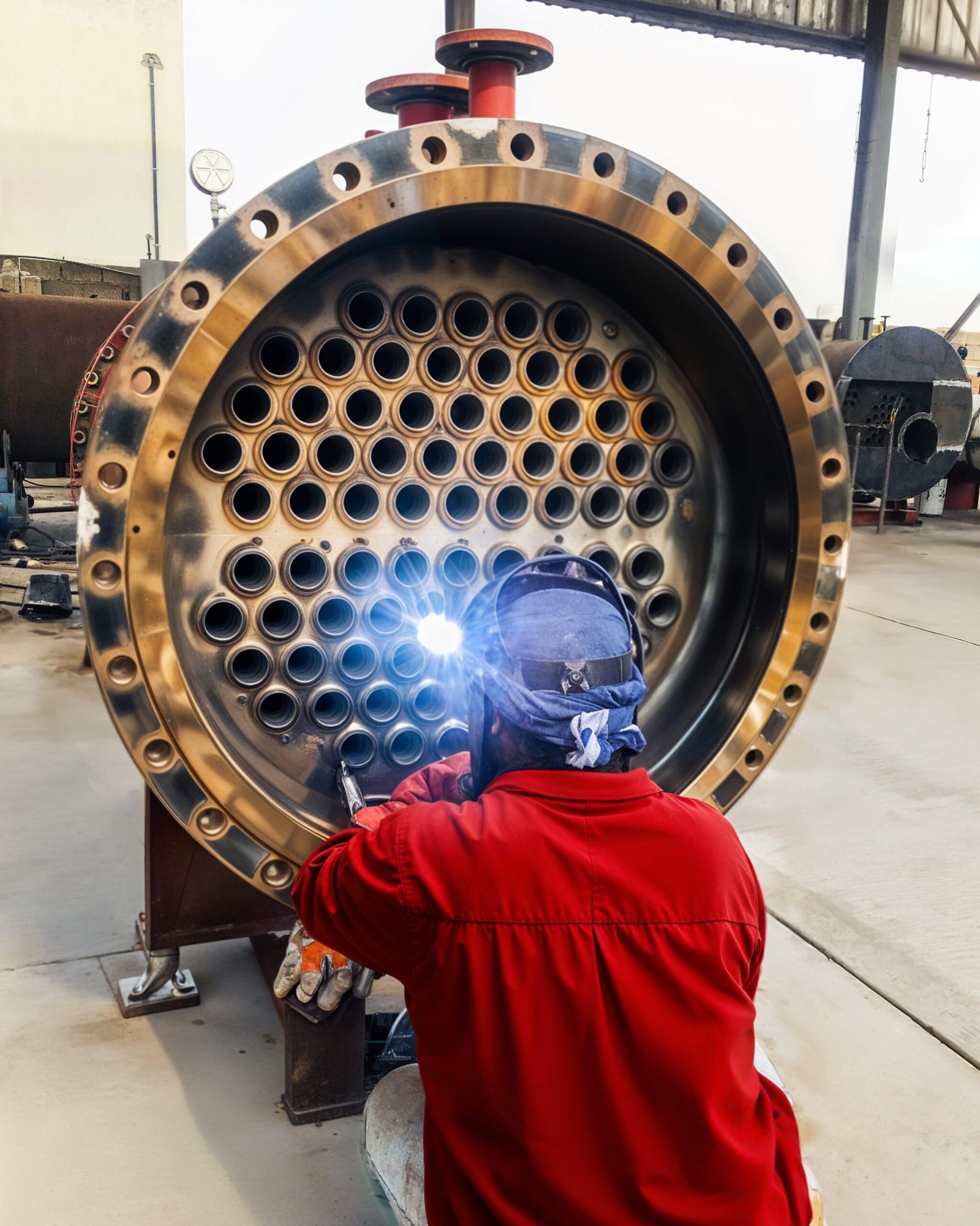 A worker in a red uniform is welding tubes inside a large industrial heat exchanger in a factory setting. The welding torch emits a bright light, illuminating the inner section of the heat exchanger filled with multiple circular tubes.